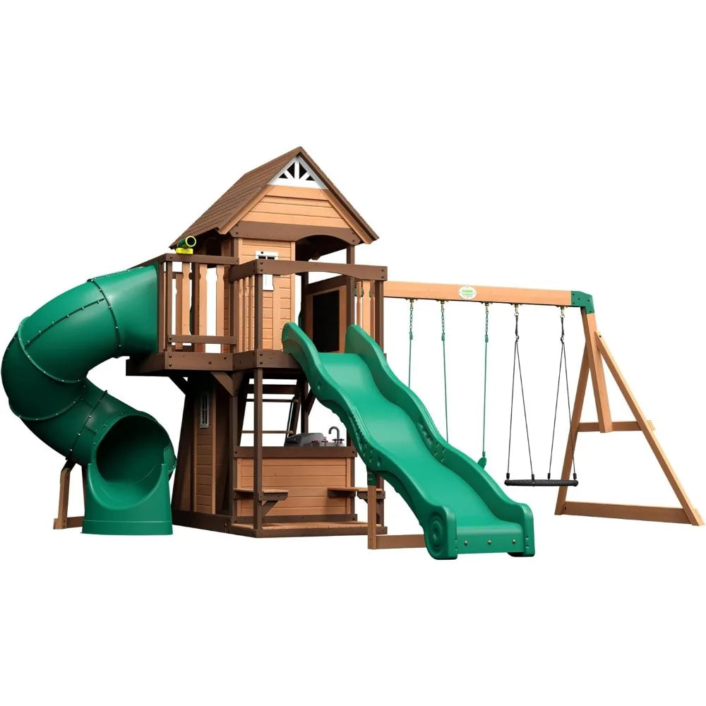 Cedar Wood Swing Set, Playhouse