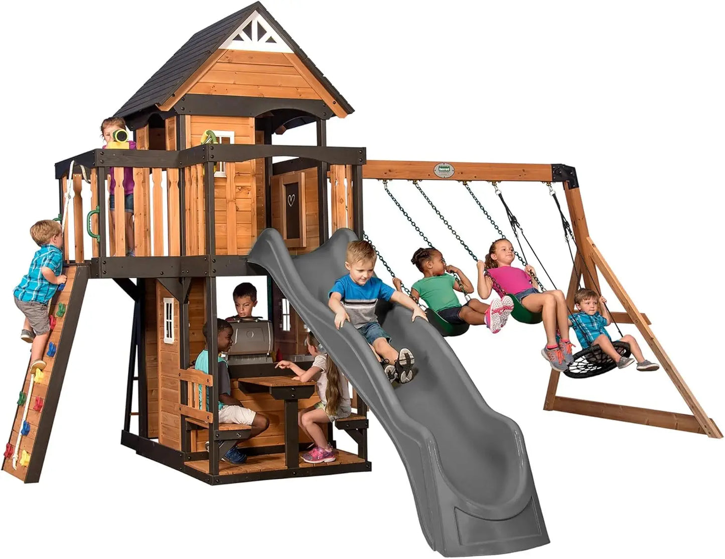 Cedar Wood Swing Set/Playhouse w/Grill & Wave Slide