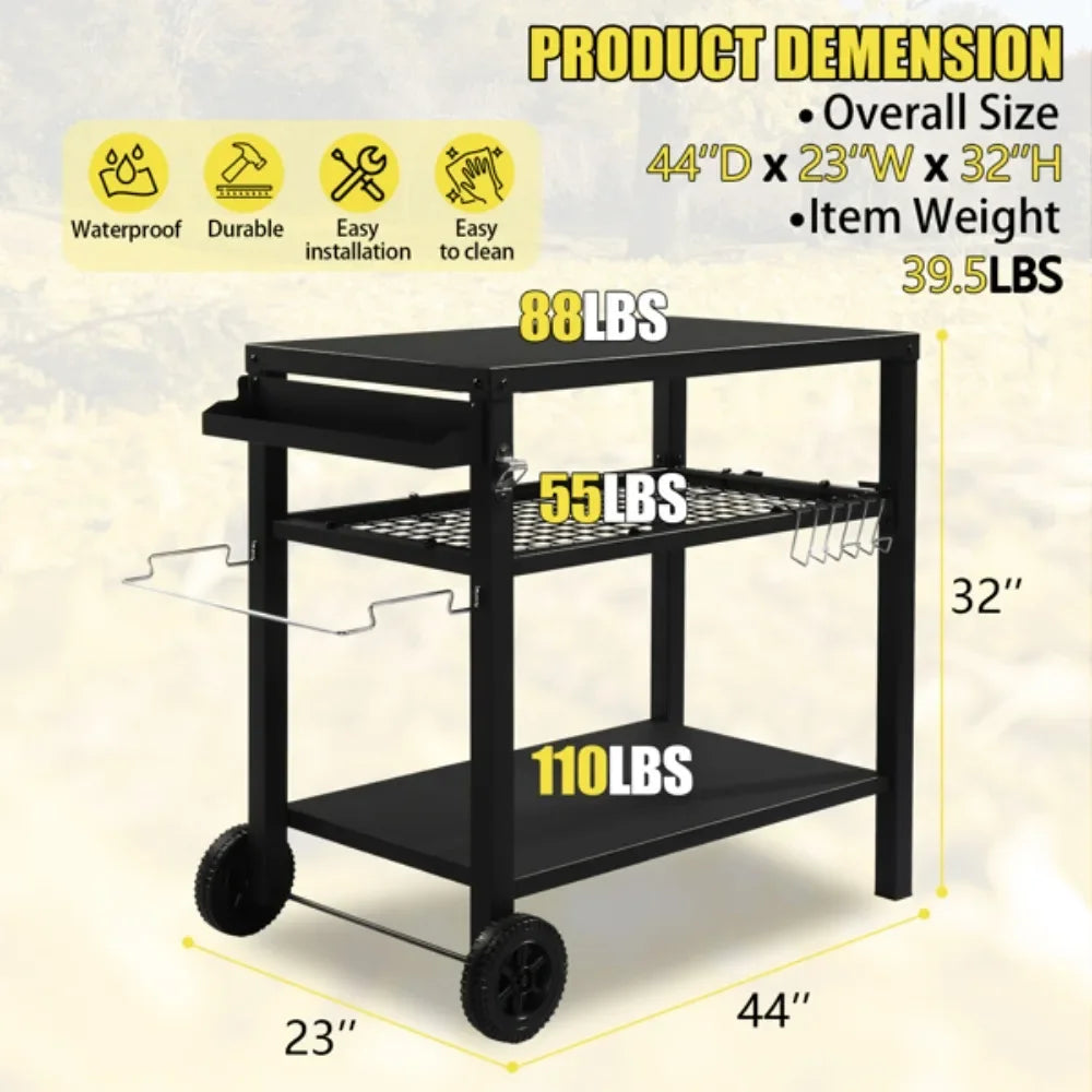 Outdoor Grill Cart, Three-Shelf Grill Table