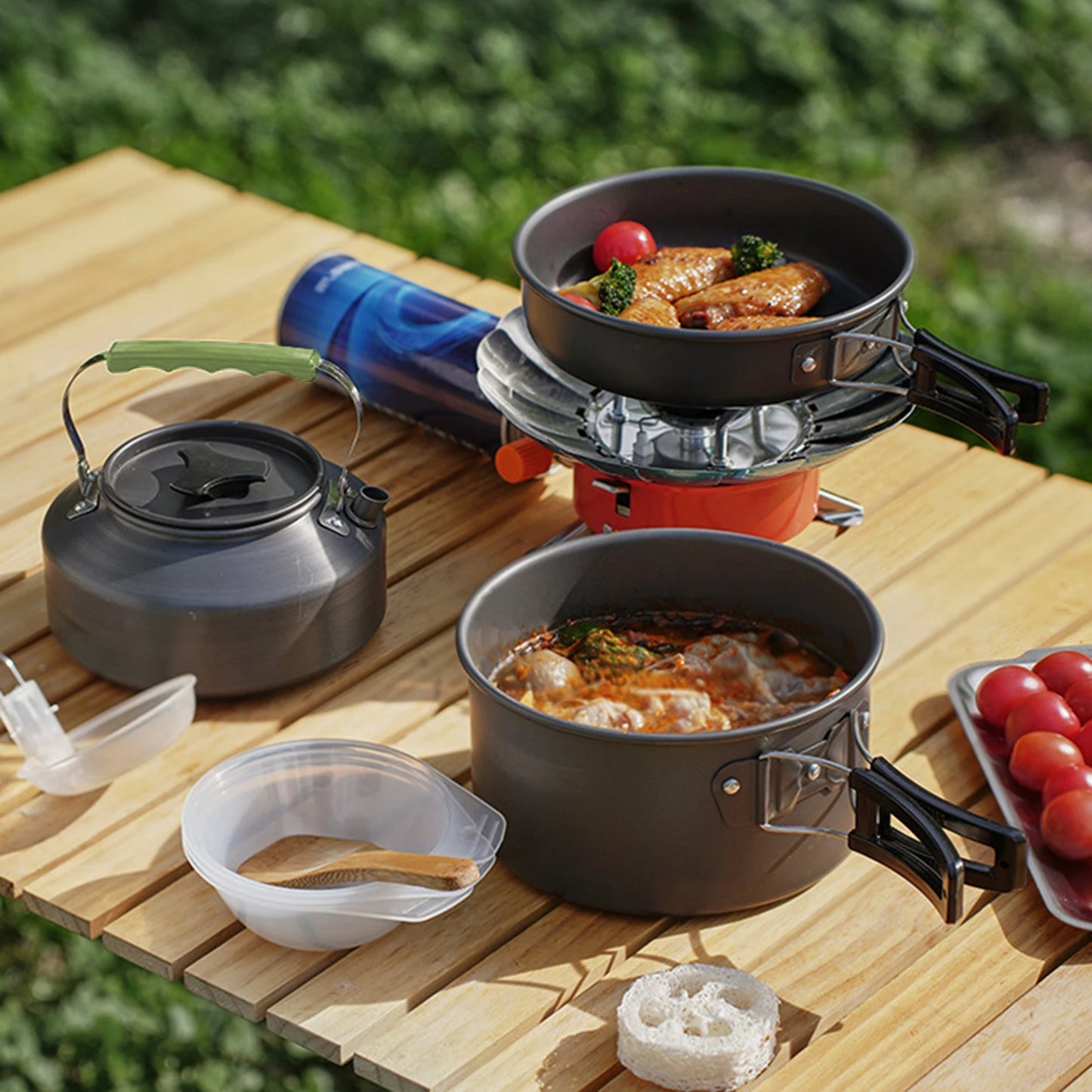 10Pcs outdoor pot set, camping alumina teapot set, cooking utensils for 2-3 people, anti scalding 10 piece set