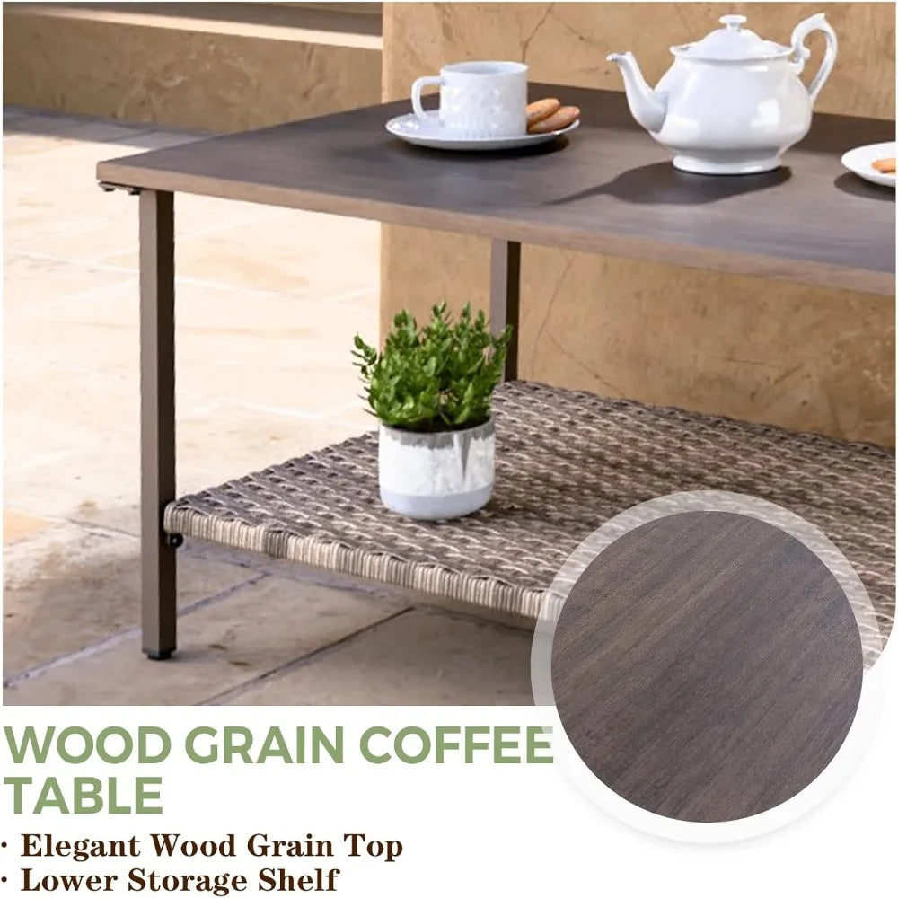 Outdoor Table with Wicker Shelf - Wood Grain Top