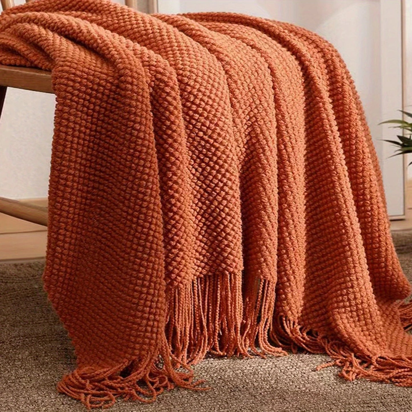 Orange Tassel Knitted Blanket,