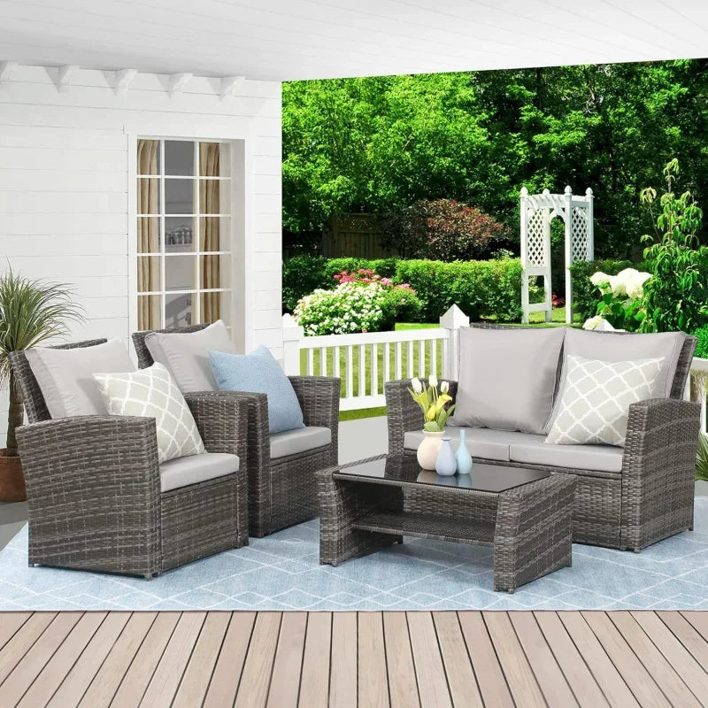 4 Piece Wicker Patio Furniture Set with Cushions