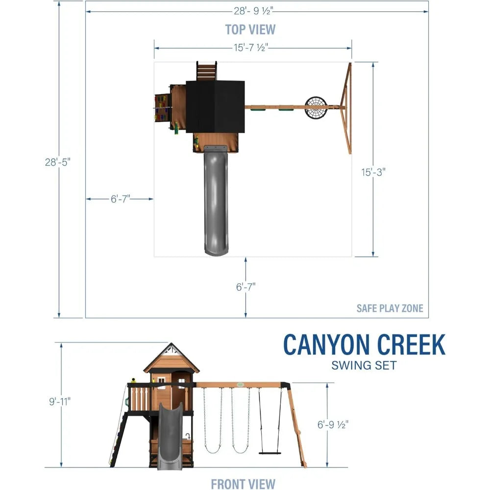 Cedar Wood Swing Set/Playhouse w/Grill & Wave Slide