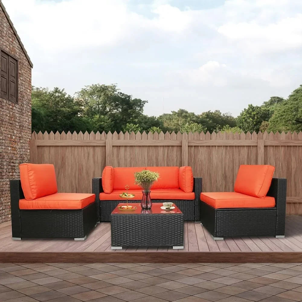 5PCs Patio Rattan Sectional Sofa  & Coffee Table, Cushions