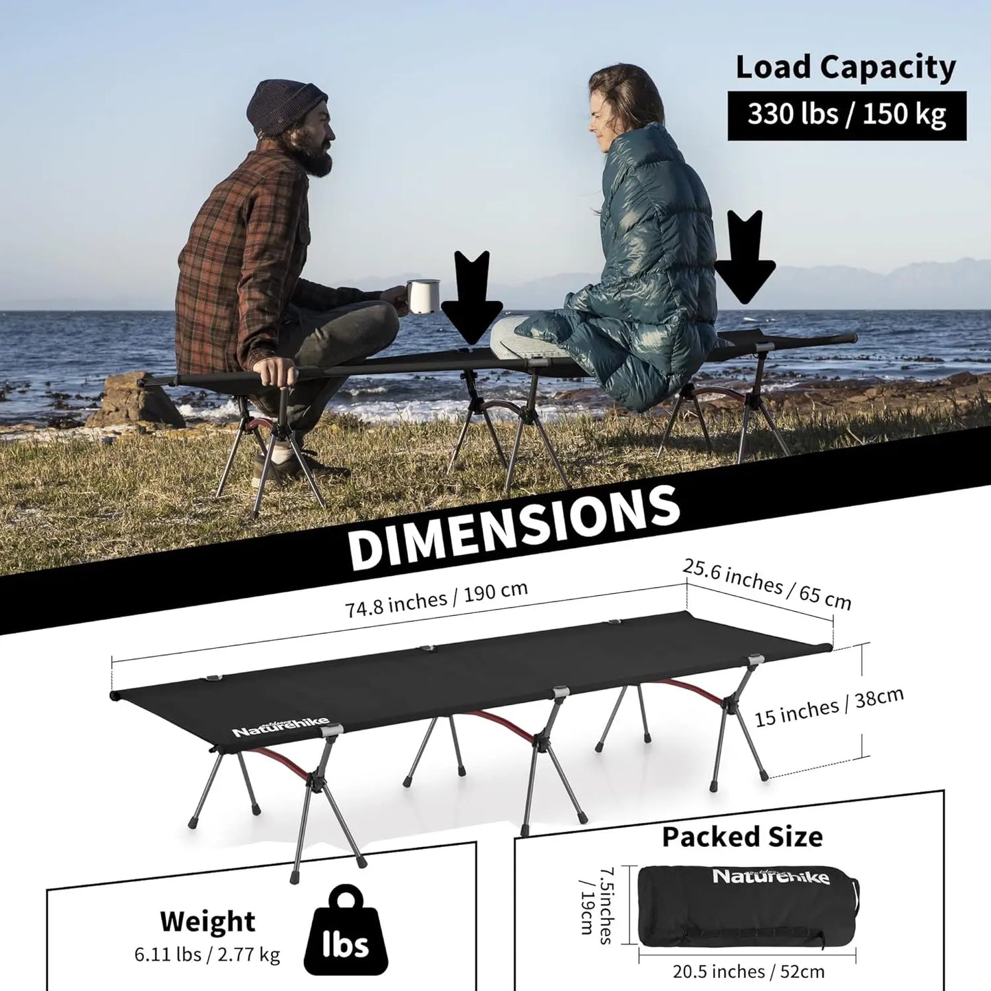 Folding Camping Cot, Height Adjustable