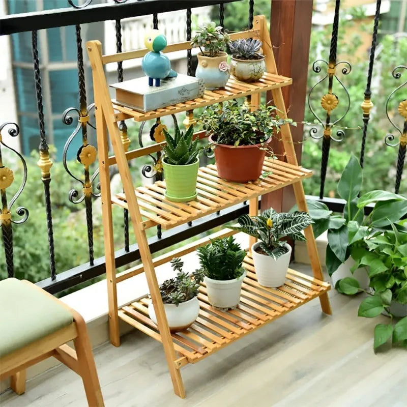 Bamboo Ladder Plant Stand 3 Tier Foldable