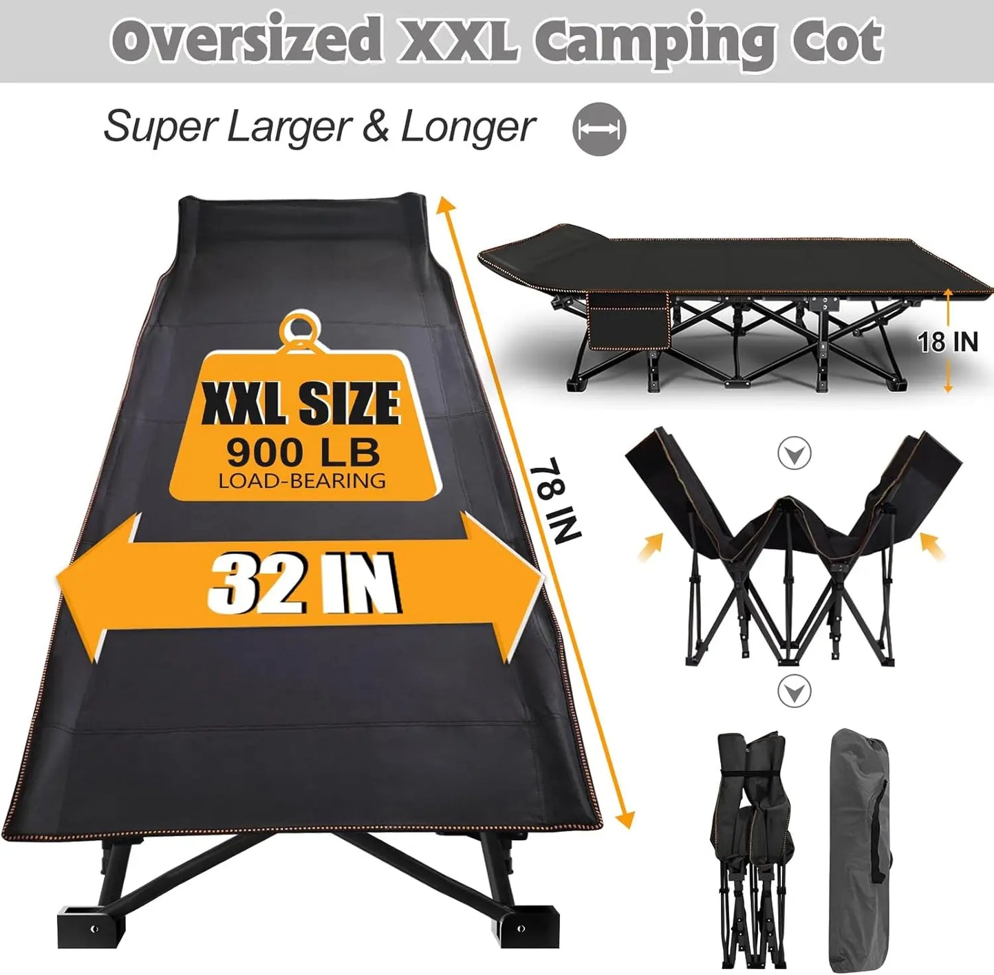 Oversized XXL Folding Camping Cot W/Mat  Heavy Duty