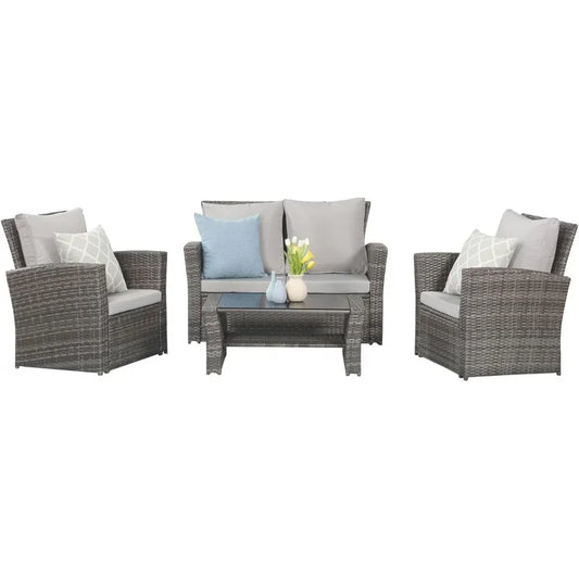 4 Piece Wicker Patio Furniture Set with Cushions