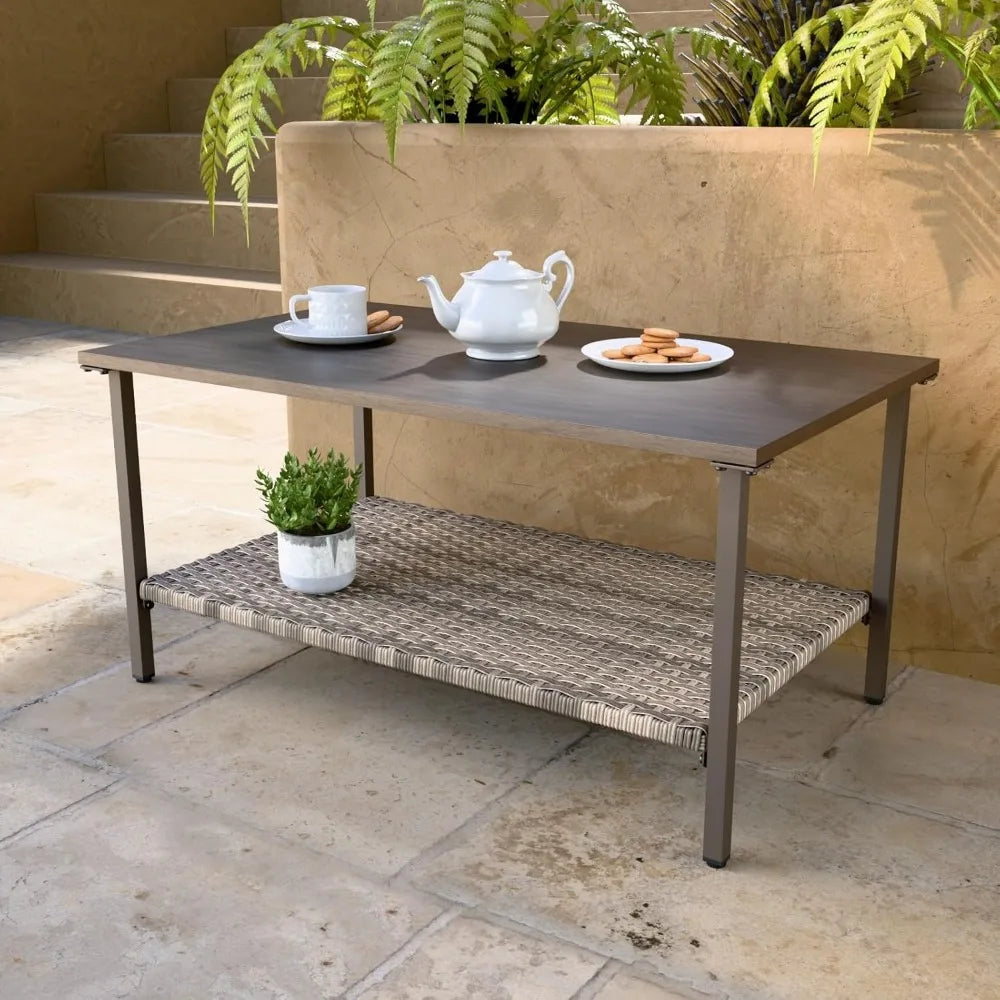 Outdoor Table with Wicker Shelf - Wood Grain Top