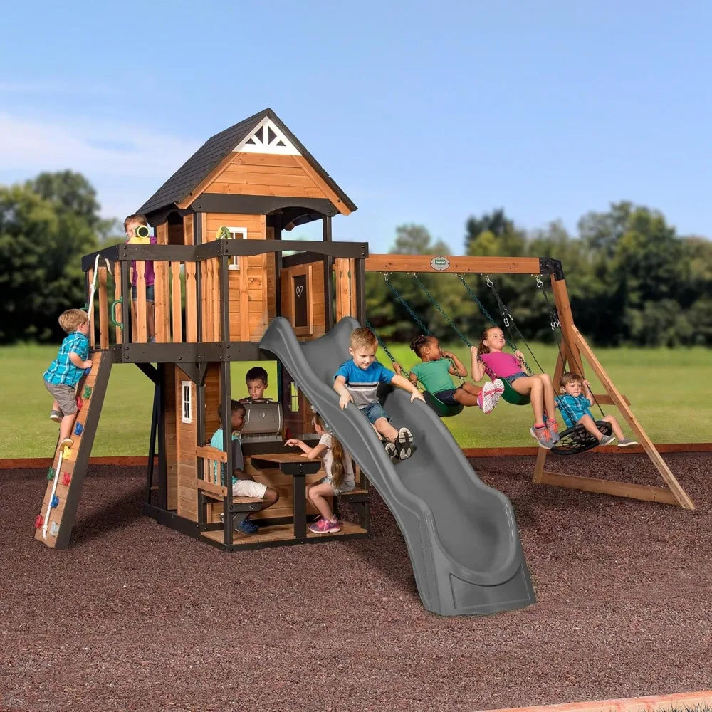 Cedar Wood Swing Set/Playhouse w/Grill & Wave Slide