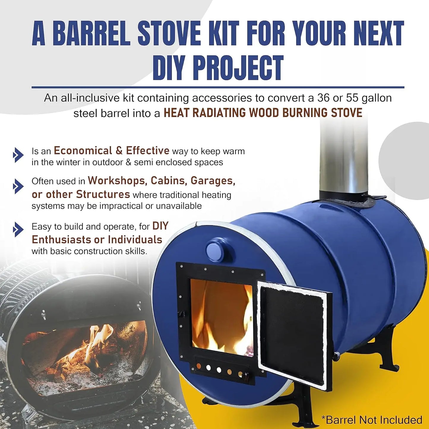 Fire Wood Camp Stove Kits, 30-55 Gallon Metal Barrel