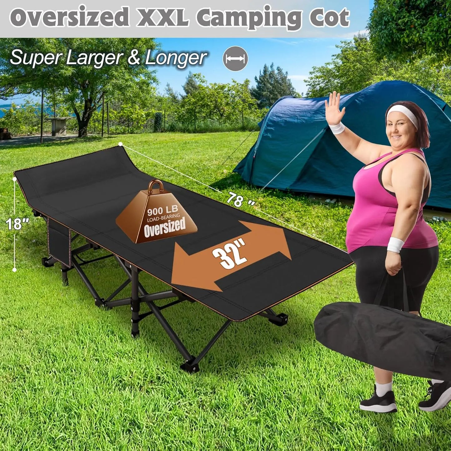 Oversized XXL Folding Camping Cot W/Mat  Heavy Duty