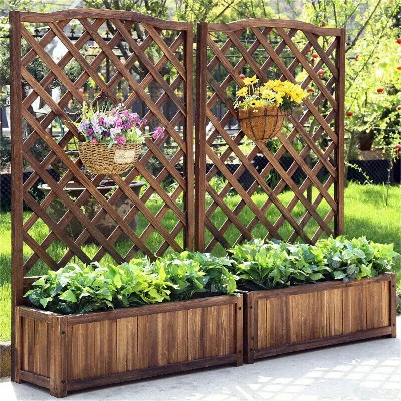 Rustic Wooden Raised Garden Bed  w/Climbing Trellis