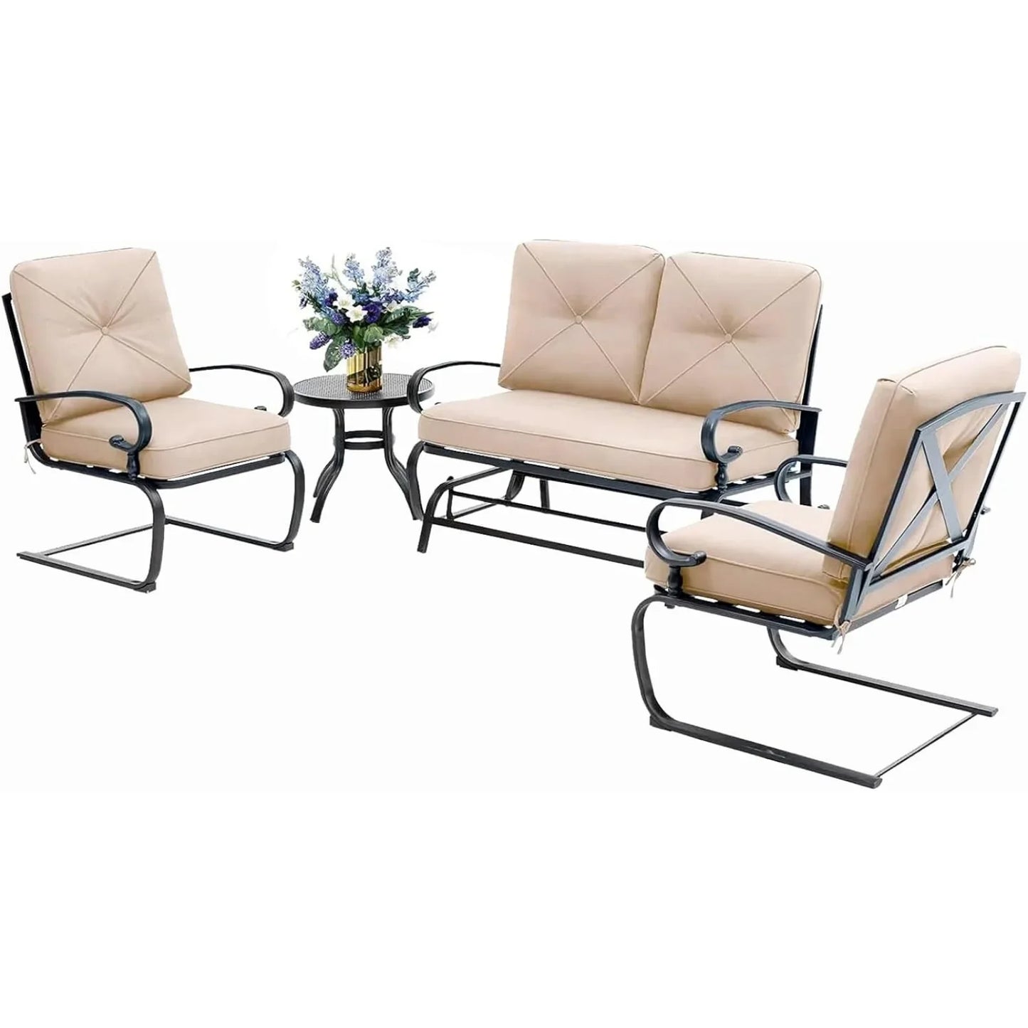 4 Pcs Metal Outdoor Furniture Set, w/Glider & Spring Chairs & Round Table