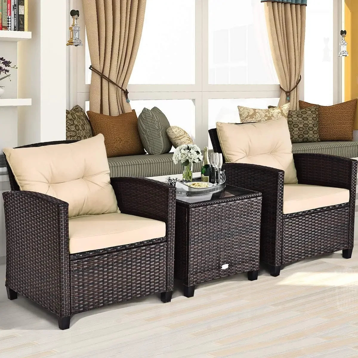 Rattan Wicker Outdoor Sofa Set w/Washable Cushion