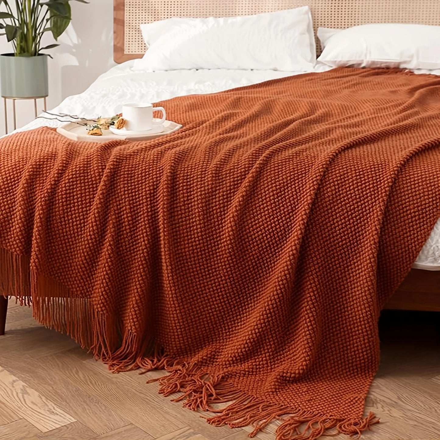 Orange Tassel Knitted Blanket,