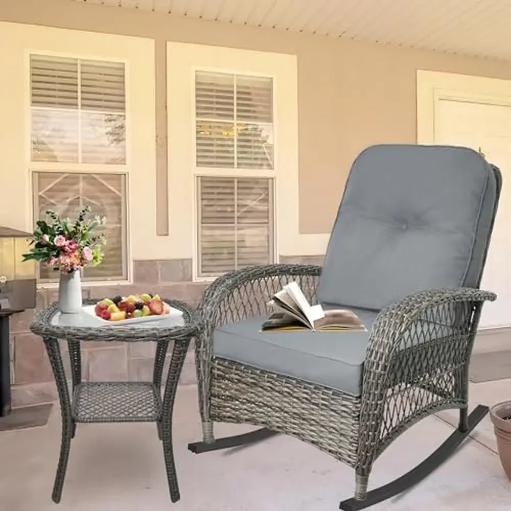 2 All Weather Wicker Rocking Chairs w/Glass-Top Table