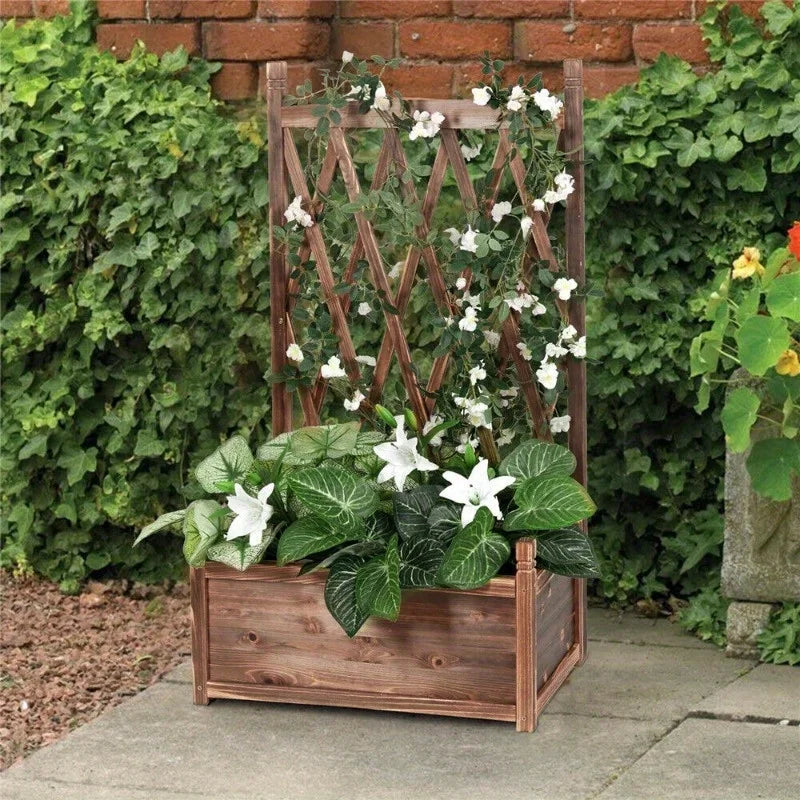 Rustic Wooden Raised Garden Bed  w/Climbing Trellis