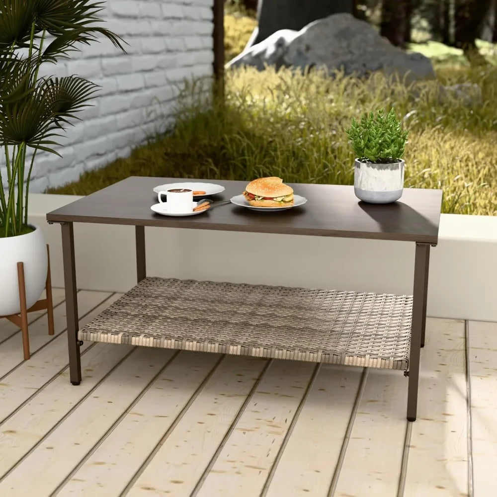 Outdoor Table with Wicker Shelf - Wood Grain Top