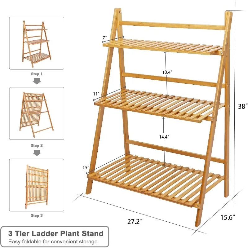 Bamboo Ladder Plant Stand 3 Tier Foldable