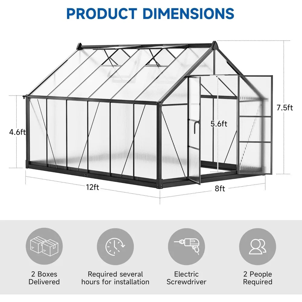 Aluminum Polycarbonate Greenhouse w/Ventilation & Rain Gutte