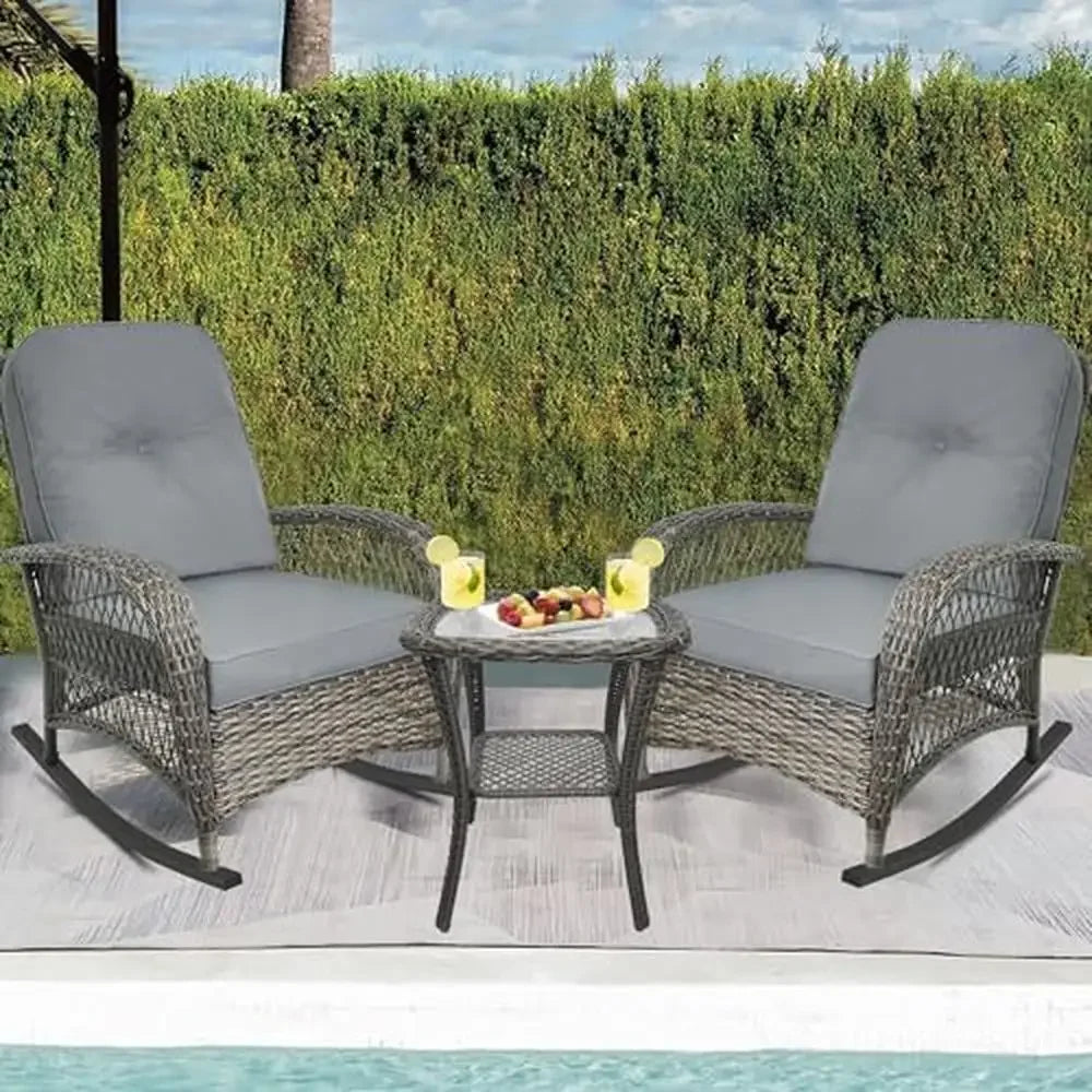 2 All Weather Wicker Rocking Chairs w/Glass-Top Table