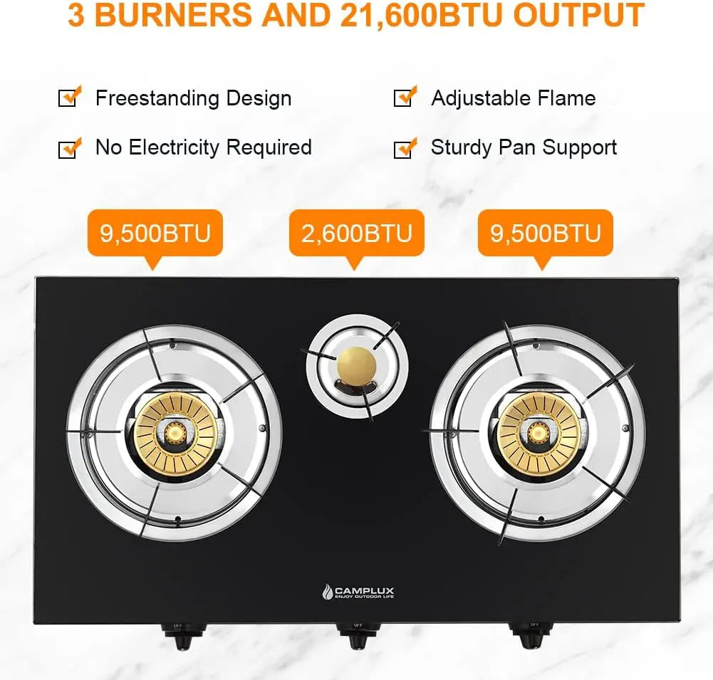 21,600BTU, 3 Burners Propane Stove, Tempered Glass