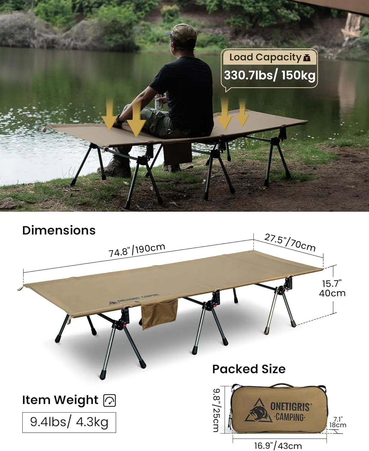 Camping Cot, Height Adjustable with Cot Leg Extenders,