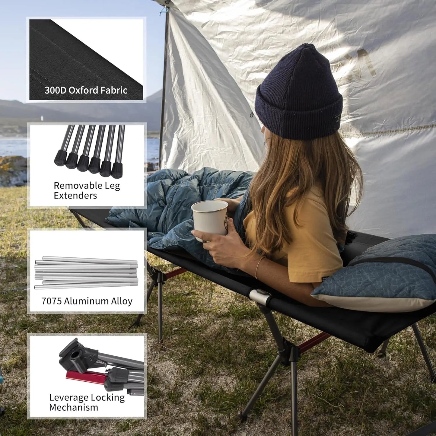 Folding Camping Cot, Height Adjustable