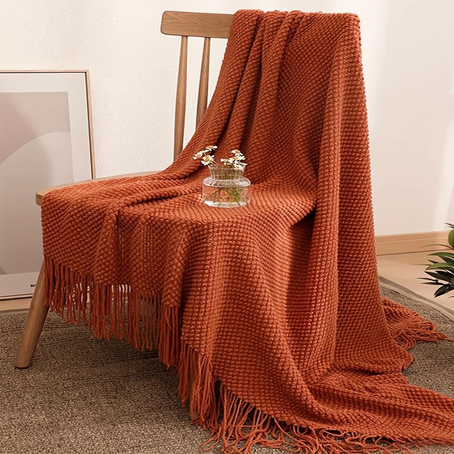 Orange Tassel Knitted Blanket,