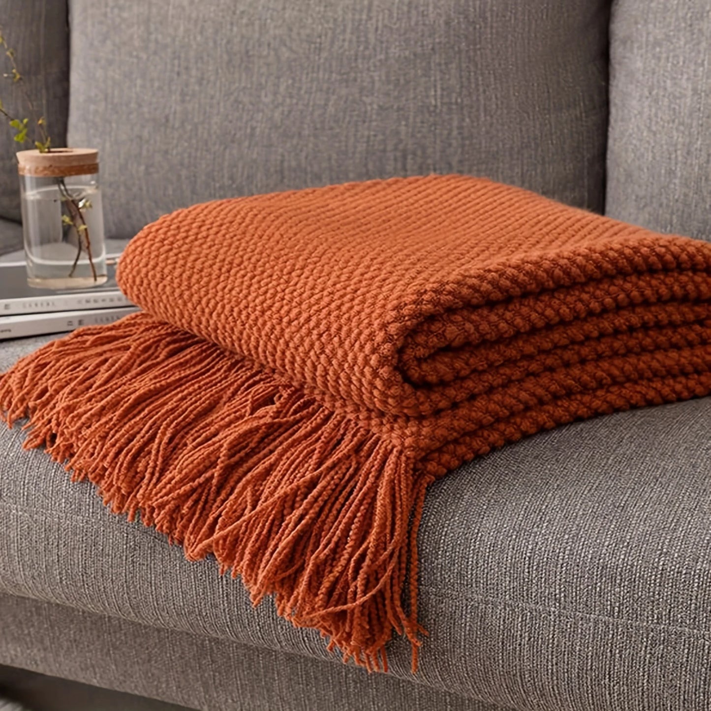 Orange Tassel Knitted Blanket,