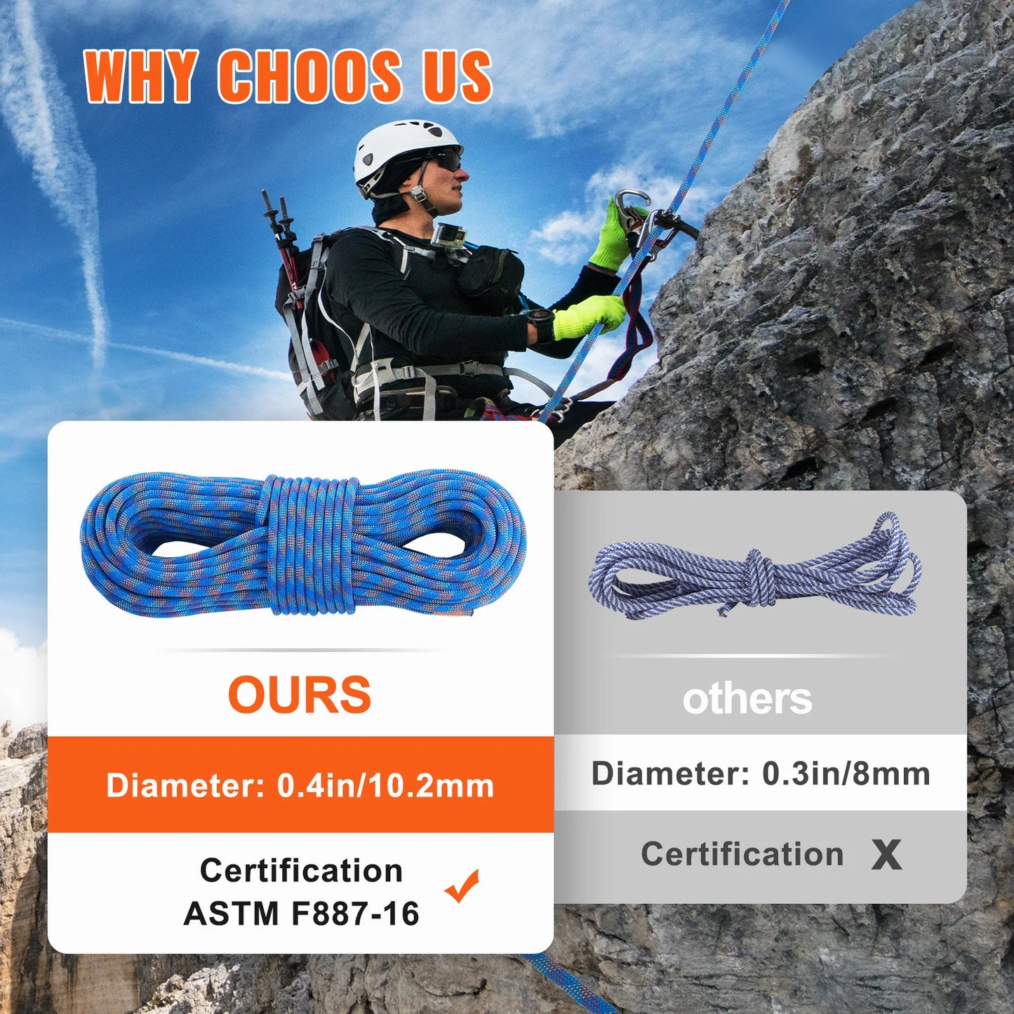 10.2mm Dynamic Climbing Rope 197ft