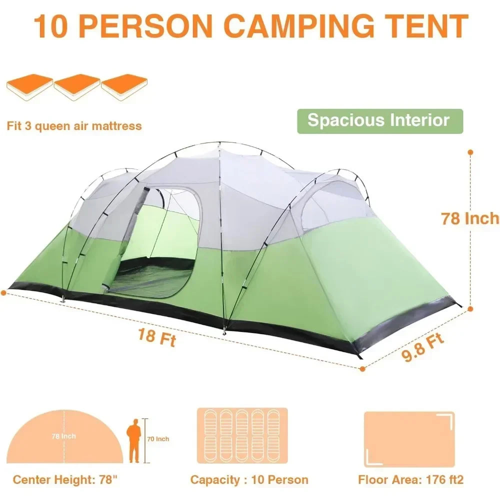 10 Person Tent with Rain Flies (18 ft x 9.8 ft x 78 in)