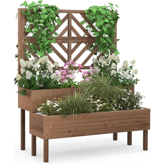 Raised Garden Bed with Trellis, 2-Tier Planter Box