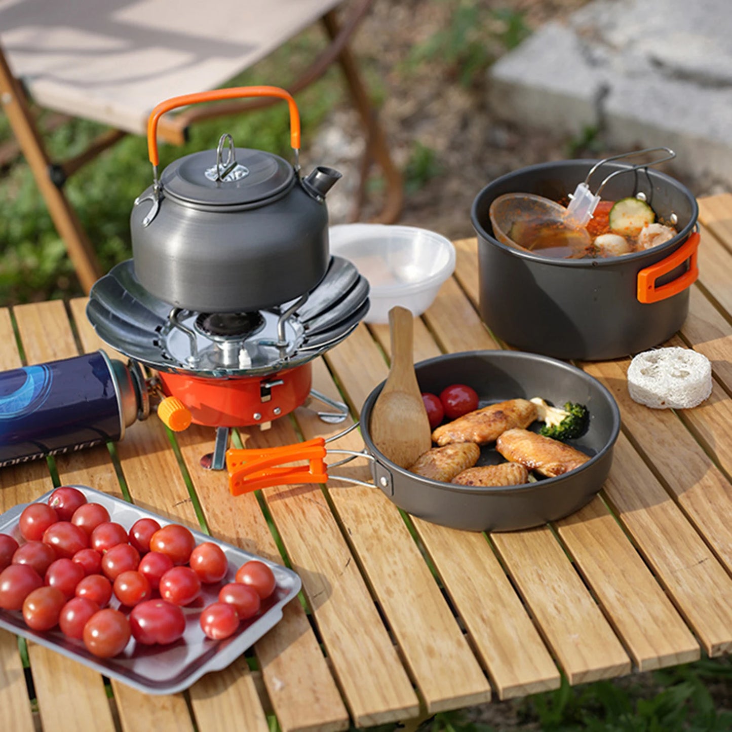 10Pcs outdoor pot set, camping alumina teapot set, cooking utensils for 2-3 people, anti scalding 10 piece set