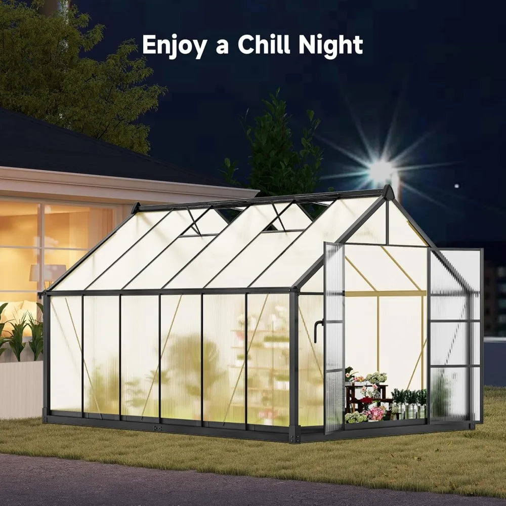 Aluminum Polycarbonate Greenhouse w/Ventilation & Rain Gutte