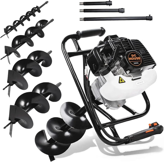 52cc 1800W Gas Powered Earth Auger EPA Certified Post Hole Digger with 4 Drill Bits 4"6"8"12" and 3 Extension Rods 8"12"20"