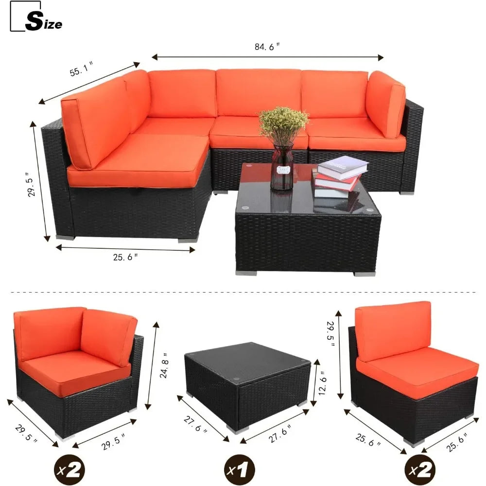 5PCs Patio Rattan Sectional Sofa  & Coffee Table, Cushions