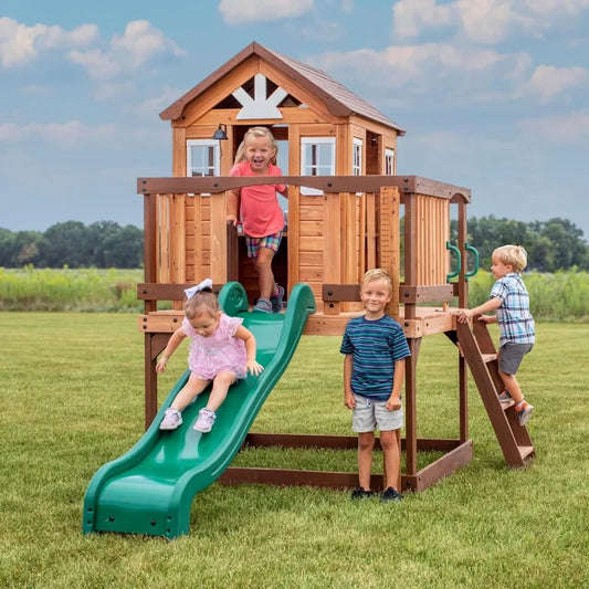 Elevated Cedar Playhouse, 6 Ft Wave Slide