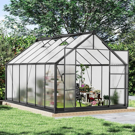 Aluminum Polycarbonate Greenhouse w/Ventilation & Rain Gutte