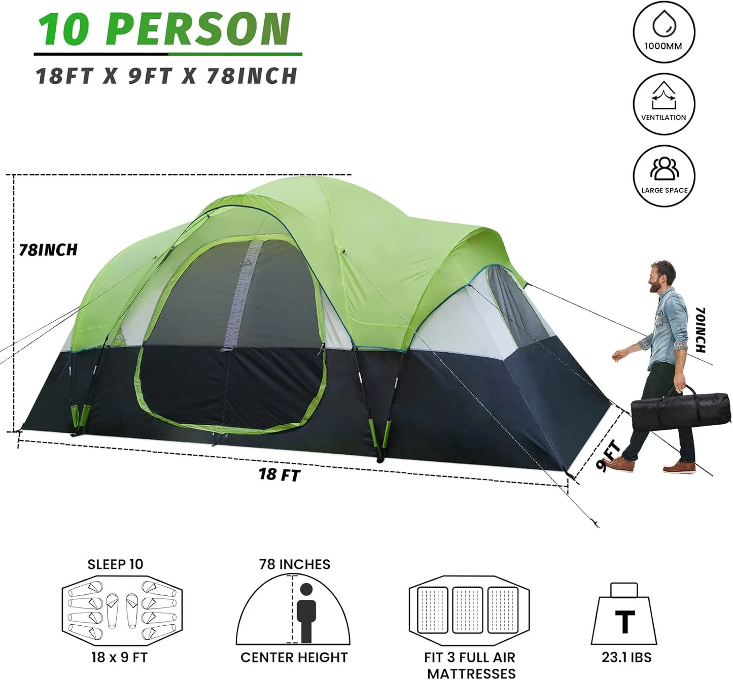 Camping 10-Person, 2 Room, Waterproof Tent