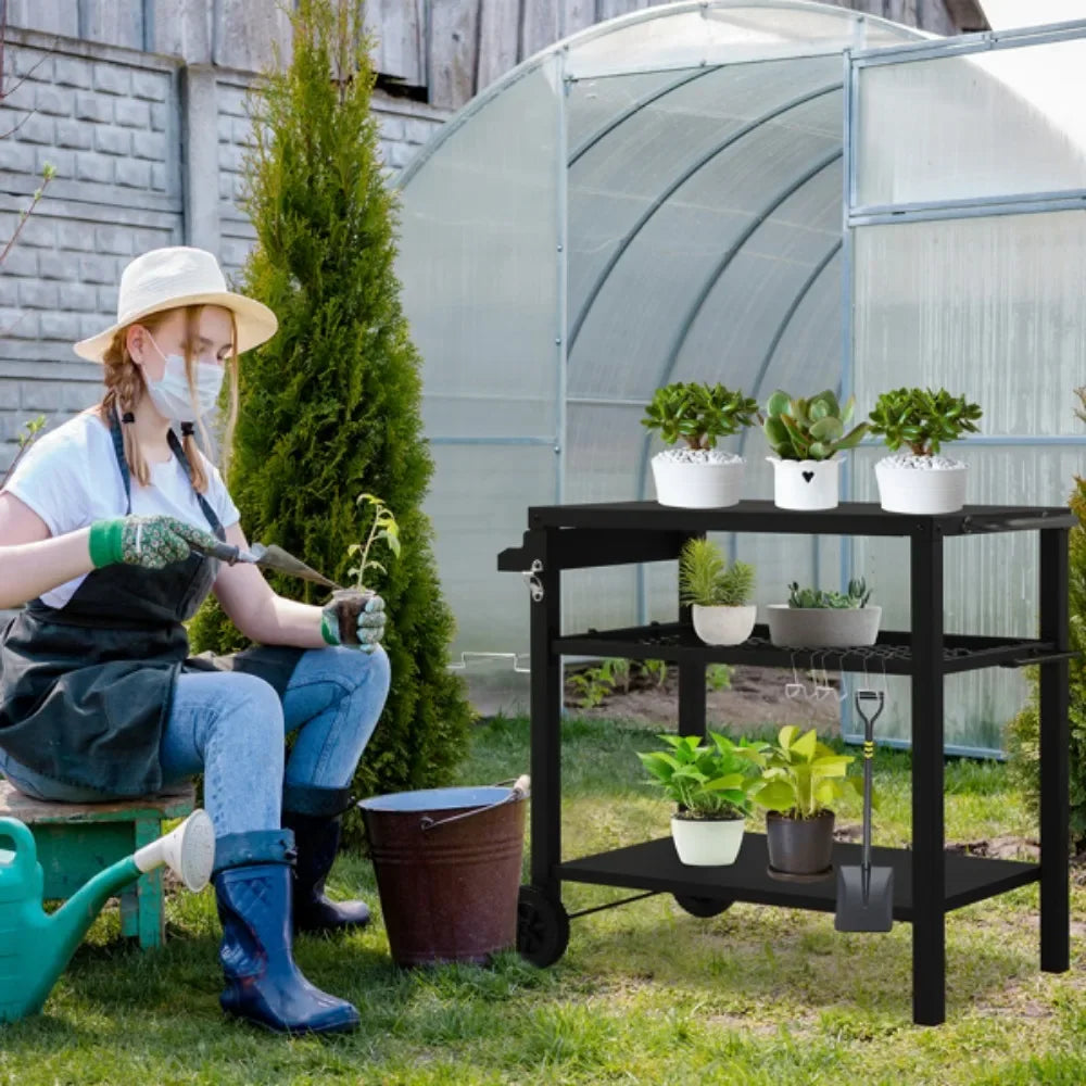 Outdoor Grill Cart, Three-Shelf Grill Table