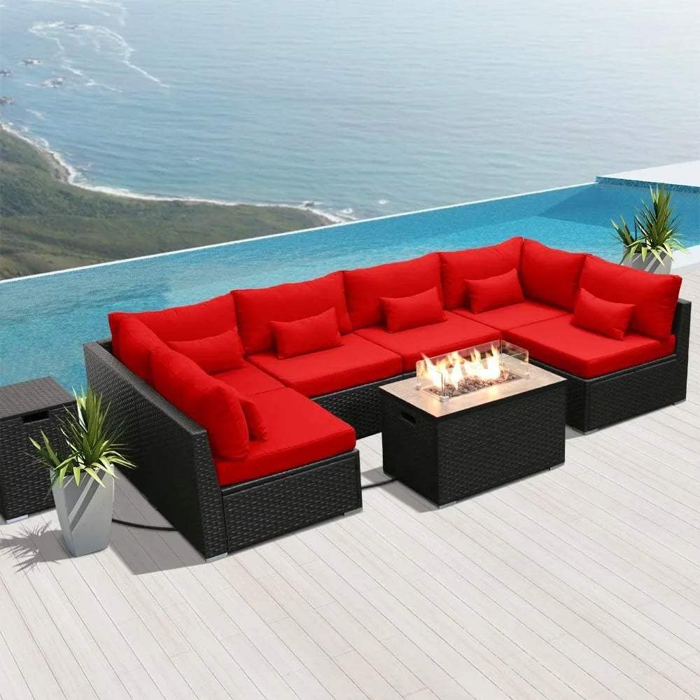 Patio Sectional Sofa with Gas Fire Pit Table