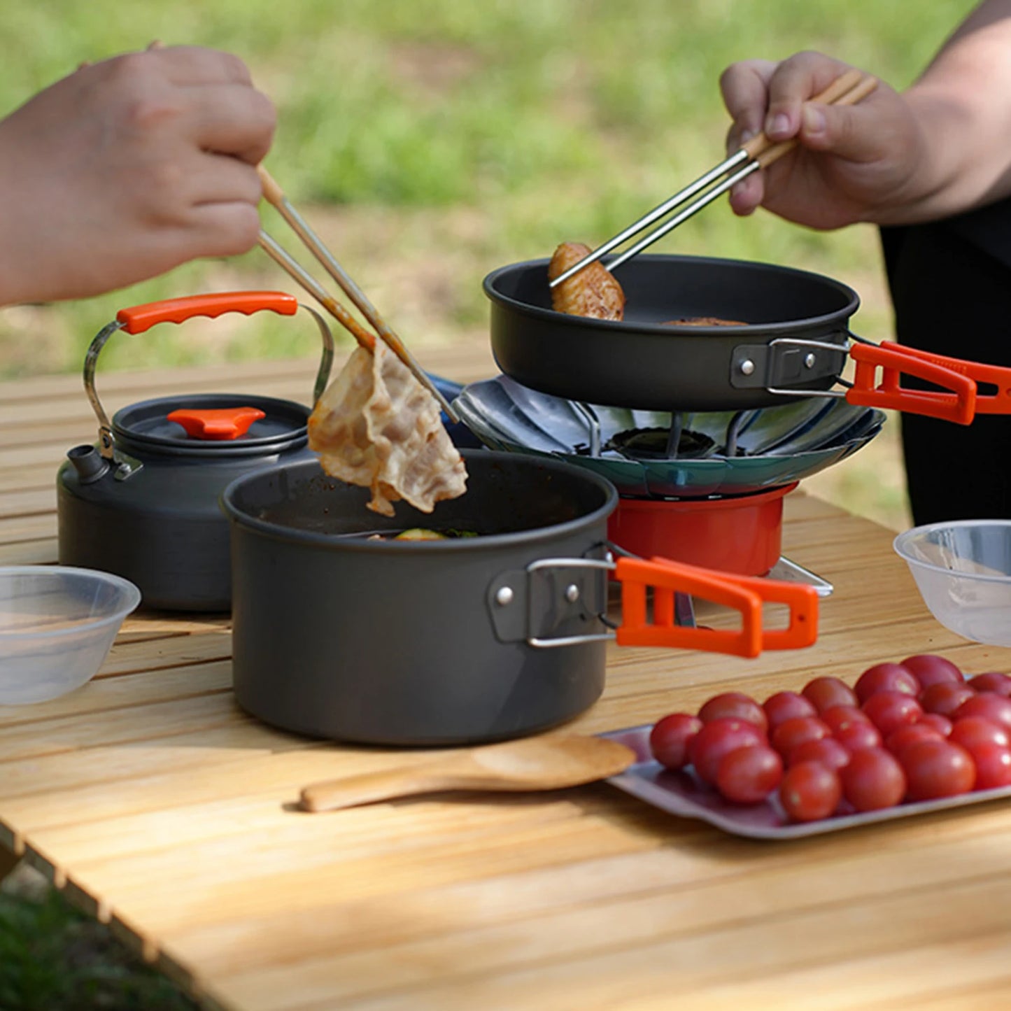 10Pcs outdoor pot set, camping alumina teapot set, cooking utensils for 2-3 people, anti scalding 10 piece set