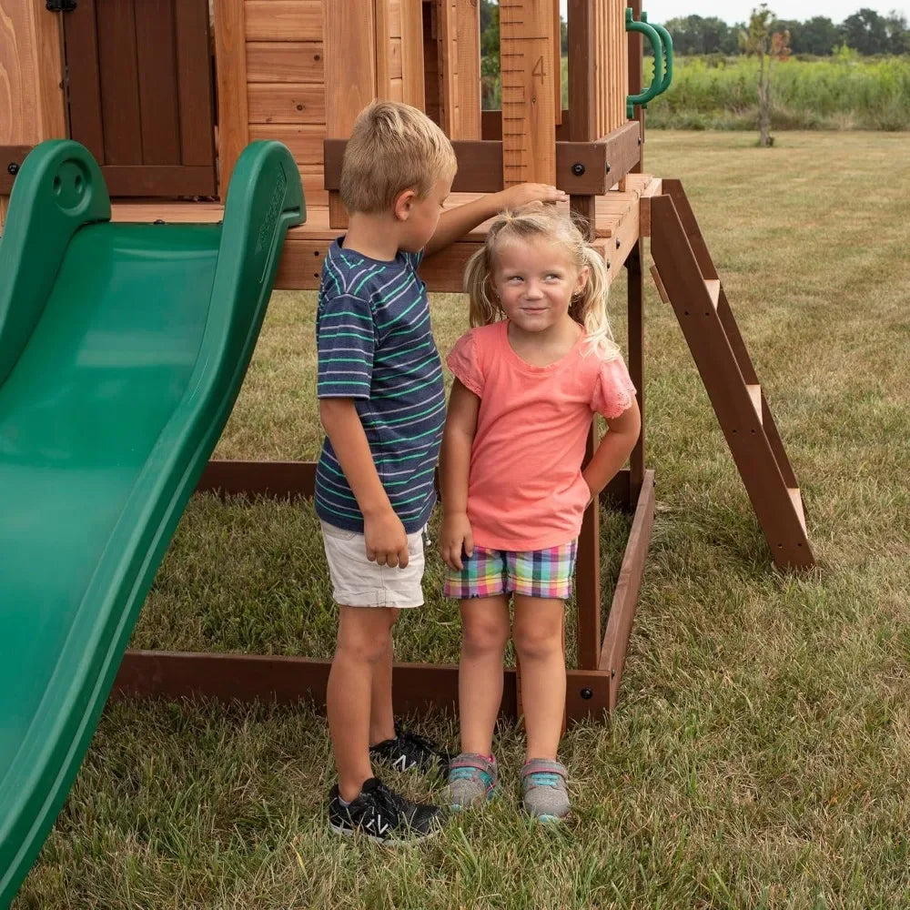 Elevated Cedar Playhouse, 6 Ft Wave Slide