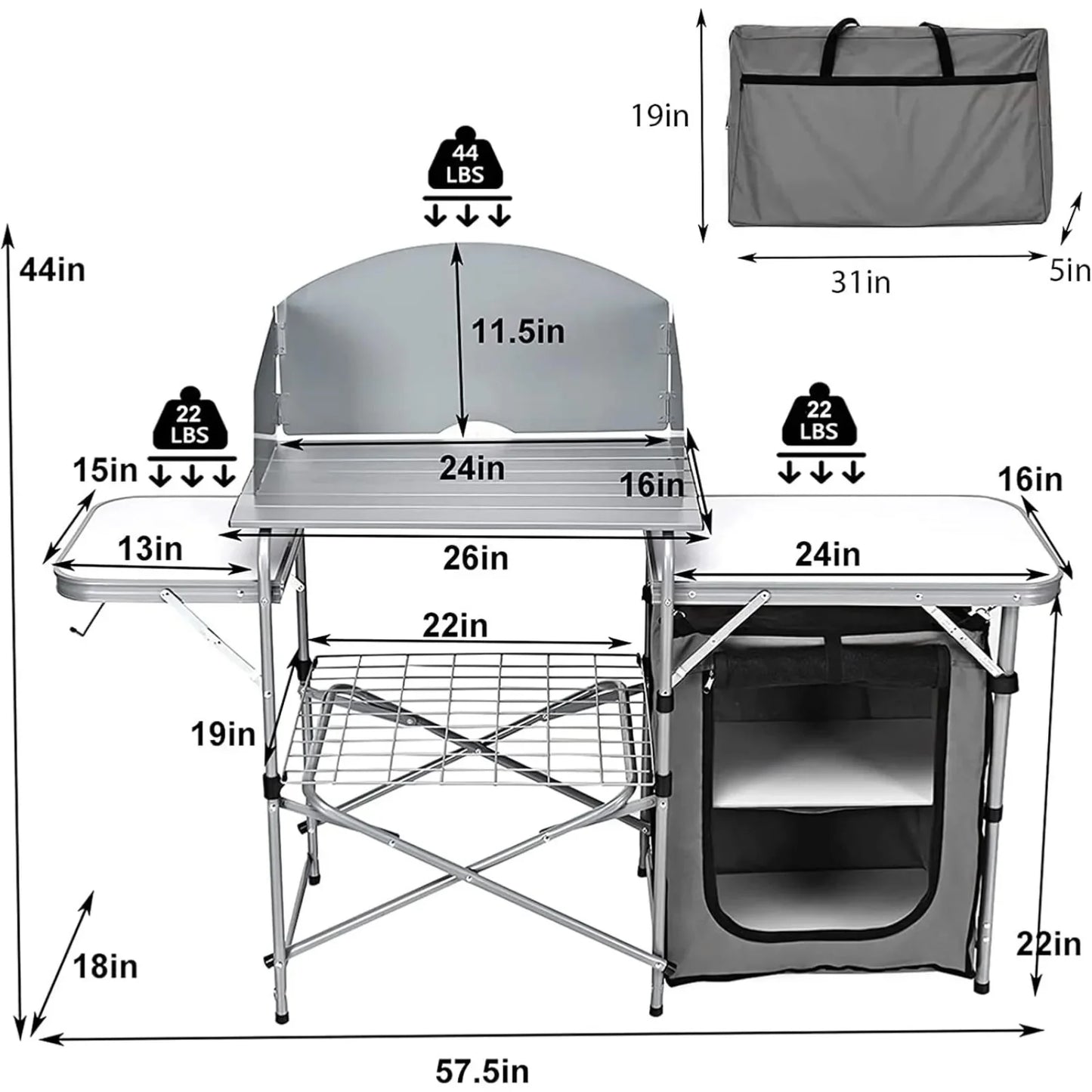 Folding Grill Table with 26'' Tabletop & Detachable Windscreen