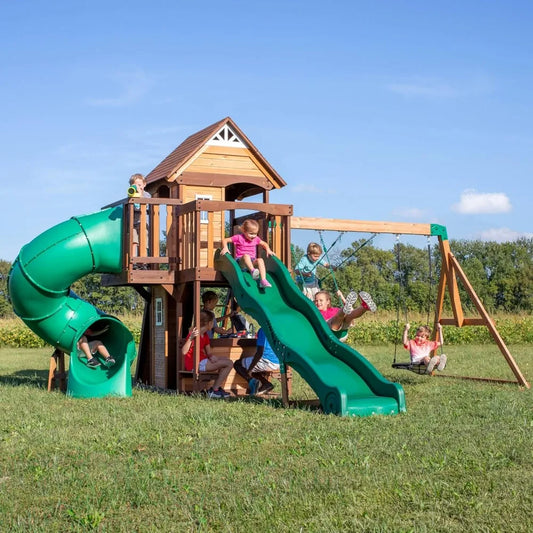 Cedar Wood Swing Set, Playhouse