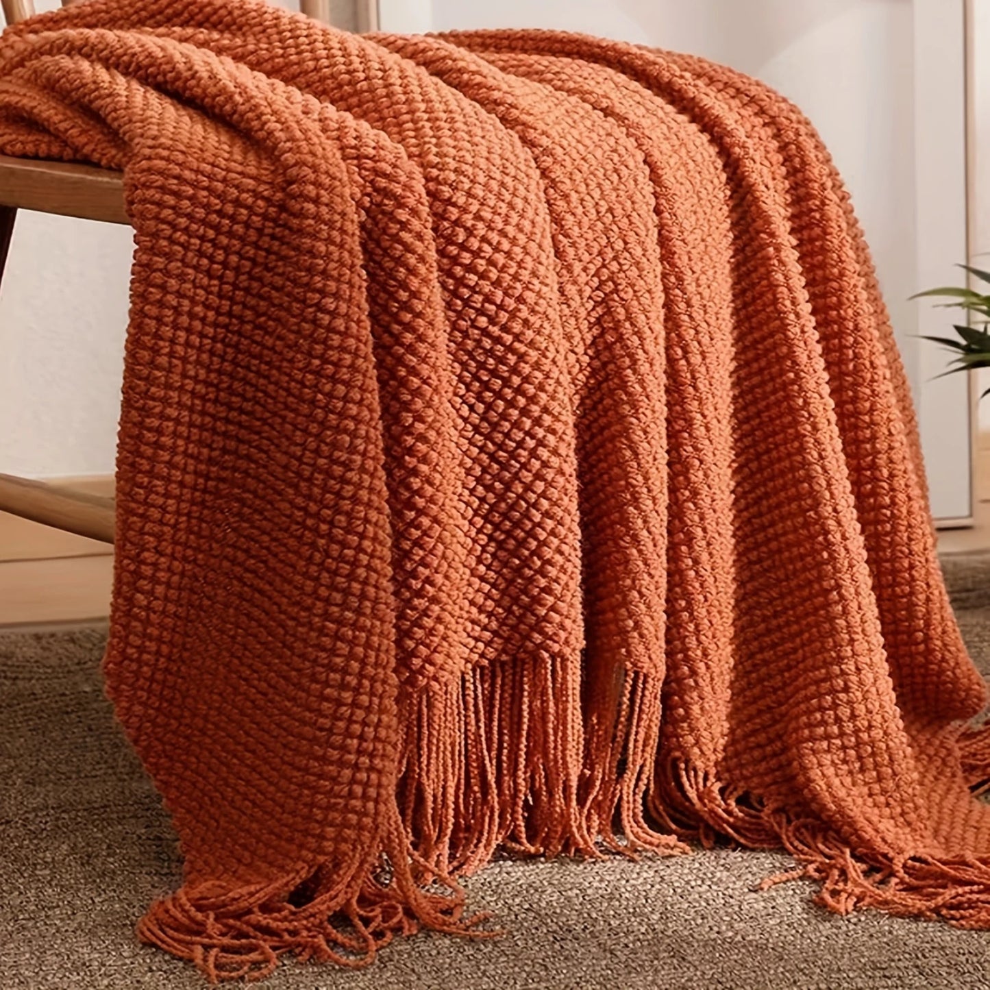 Orange Tassel Knitted Blanket,