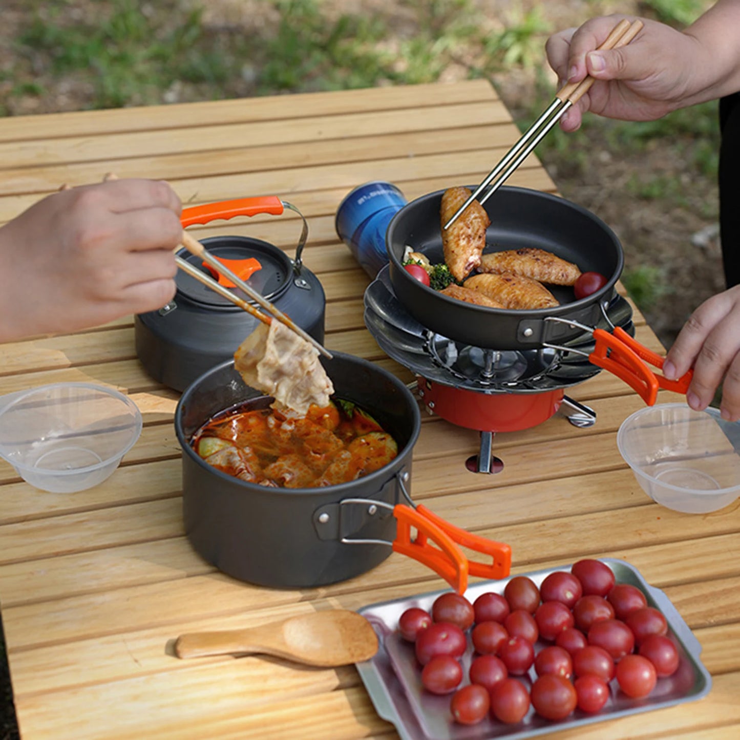 10Pcs outdoor pot set, camping alumina teapot set, cooking utensils for 2-3 people, anti scalding 10 piece set